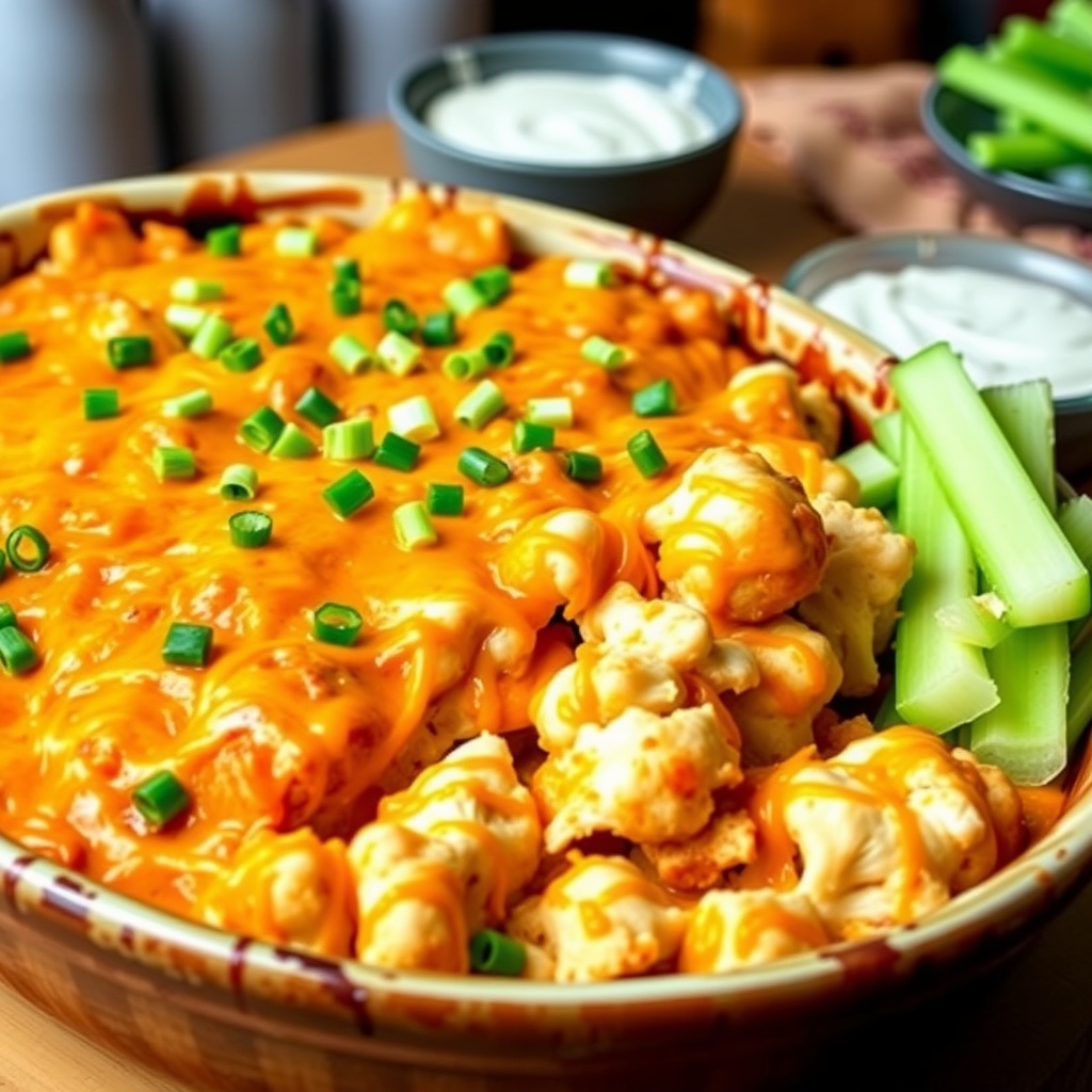 Spicy buffalo chicken casserole with melted cheese and cauliflower, garnished with green onions in a rustic dish.